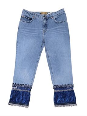 Vintage 90s JNCO 'Girlie Stuff' Light Wash 'Flood' Jeans Blue Velvet Lace Trim 9